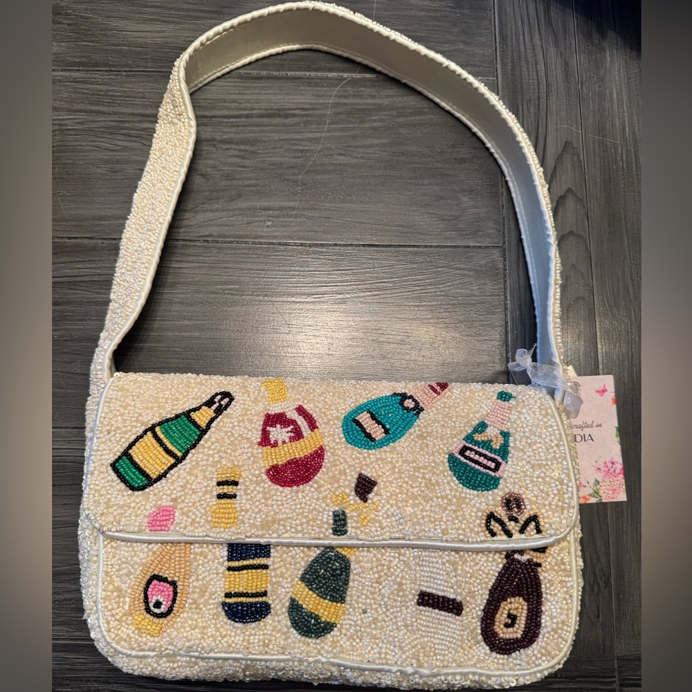 Viral Beaded champagne bottles Shoulder Bag. NWT